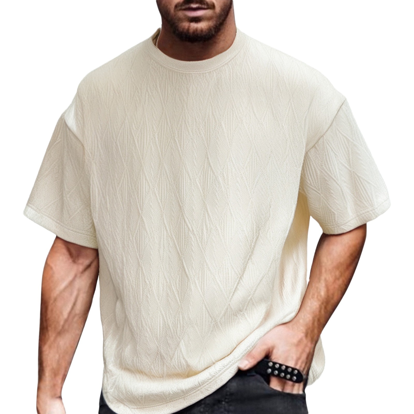 thumbnail image 2 of Camisetas informales para hombre: manga corta, cuello redondo, rayas, estilo jacquard único para el verano, cómodas y elegantes., 2 of 8